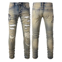 A6611 streetwear men's cracked biker jeans elastic skinny pants embroidery snakeskin men's Karan pants