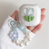 Cute 3D Blue Tulip Earbuds Headphones Soft Case For Samsung Galaxy Buds Live With Flower Bead Pendant Case For Samsung Buds2 Pro