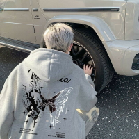 美式蝴蝶印花帽T 上衣 帽T 衛衣  連帽衛衣 連帽衛衣男oversize美式高街男生秋冬季加絨加厚潮牌外套 韓版男裝