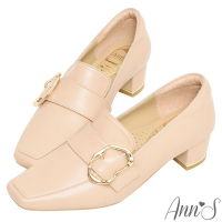Ann’S超柔軟綿羊皮-達利軟時鐘金屬顯瘦小方頭低跟樂福鞋-4cm-杏