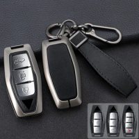 Zinc Alloy + Leather Car Key Case Full Cover for Mitsubishi Outlander 2021 2022 2023 2024 2 3 4 Buttons Remote Key Holder Shell