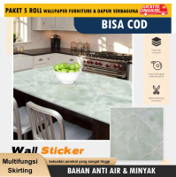 Paket 5 Roll Wallpaper Dapur Furniture Meja Lemari Motif Hijau Marmer Glossy 45cm x 4m Anti Air PVC