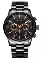 LIGE LIGE 計時碼表中性 IP 黑色不銹鋼石英手錶 43 毫米，黑色錶盤，IP 黑色鋼手鍊
