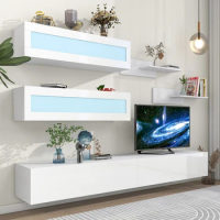 Wall mounted floating TV bracket with LED lights, living room TV cabinet, entertainment media console, storage cabinet