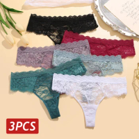 3PCS/Set Women Sexy Lace Panties Low Rise G-String Thongs Perspective Breathable Underwear For Female Transparent Soft Lingerie