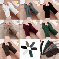Women Knitting Embroidered Gloves Student Autumn Winter Cold-Proof Fashion Warm Soild Fingerless Fingerlings Glove Accessory