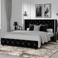Queen Size Bed Frame with Headboard, Black Velvet Bed Frame Queen with Diamond