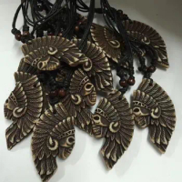 15 pcs Yak Bone Resin Carved Tribal Chief Head Indians Pendant Necklace Black Wax Cotton Cord Adjustable