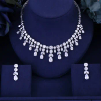 JaneKelly Luxury Sparking Brilliant Cubic Zircon Drop Earring Necklace Heavy Dinner Jewelry Sst Wedding Bridal Dress Accessories