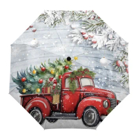 Fir Leaf Berry Christmas Truck Wooden Board Parasol for Outdoor Full-Automatic Eight Bones Rain Umbrella Gift Adults Umbrellas