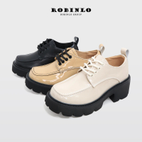 【Robinlo】時尚焦點柔軟漆皮綁帶鋸齒鬆糕樂福鞋JARON(奶油白/焦糖棕/法式黑)
