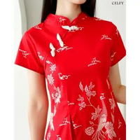 Evercloth Celfy Cheongsam Batik Couple Qipao Dress Batik Modern Seragam Family Set Natal Imlek CNY C