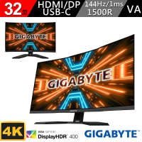 GIGABYTE 技嘉 M32UC 32型 144Hz HDR400 KVM 4K曲面電競螢幕(4K/144Hz/1ms/VA/HDR/KVM/HDMI2.1/DP)