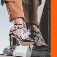 Transparent PVC High Heels Pumps Super Star Shoes Woman Pointed Toe Satin Runway Shoes Ankle Strap Cut Out Jelly Dress Shoes