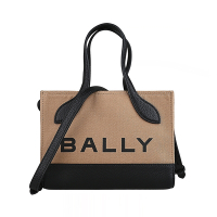 BALLY BAR Keep On XS印花LOGO帆布拼牛皮設計釦式手提斜背包(沙黃x黑)