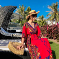 2023 New Summer Bohemian Beach Holiday Dress Women V-neck Short Sleeve Female Thailand Mexican Print Loose Casual Dress