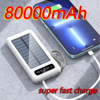 Power Bank Outdoor Solar 80000mAh Super Large Capacity Mobile Power Supply Type-C with Shared Detachable Charging Cables