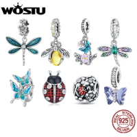 WOSTU 925 Sterling Silver Delicate Colorful Bee Dragonfly Pendants Animal Charm Beaded Fit Original Bracelet Bangle DIY Jewelry