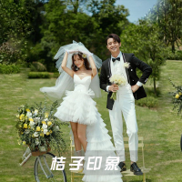 影樓情侶主題拍照服裝外景藝術照攝影白婚紗前短后長拖尾抹胸禮服