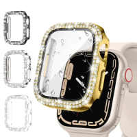 Bling Glass+Cover for Apple Watch Case 45mm 44mm 41mm 40mm 42mm 38mm Diamond Bumper+Screen Protector Iwatch Series 7 9 8 5 6 SE