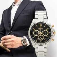 【SEIKO 精工】貴族風範三眼計時不鏽鋼腕錶/銀x黑金(SBTR015_JP)