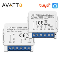 AVATTO Tuya WiFi Smart Module No Neutral Wire Required 1 2 Gang Switch Module Smart Life APP Remote Works with Alexa Google Home