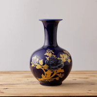 Jingdezhen Pottery Blue Glaze Gold Peony Vase Modern Home Furnishing Decoration Living Room Crafts chinese porcelain vase