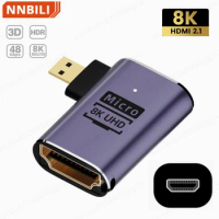 8K cable left corner Micro HDMI plug connected to HDMI 2.1 socket UHD extended gold converter adapter supports 8K 60Hz HDTV