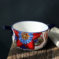 復古雙耳小碗手繪陶瓷甜品碗兒童面碗燉盅碗粥碗水果碗日式家用