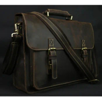Vintage Crazy Horse Genuine Leather Men Briefcase 15" Laptop Bag Work Business Shoulder Messenger Male Tote Handbag M088