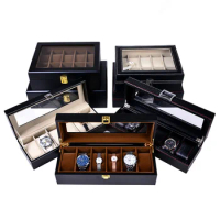 European Black Watch Boxes Case Wood And Leather Mechanical Watch Organizer New Watch Display Gift Case Jewelry Storage Holder