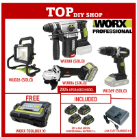 WORX WU388 20V ROTARY HAMMER + WU806 20V 100mm Cordless Angle Grinder + WU179 CORDLESS IMPACT DRILL