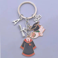 Lovely enamel key chain 2023 2024school uniform graduation cap key ring graduation key chain letter A-Z student gift