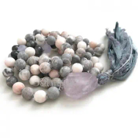 MN20657 Knotted Pink Zebra Jasper Mala Beads Necklace 108 Beads With Labradorite Amethyst And Jade Hand Knotted Tassel Mala