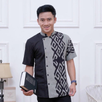 Granito.id - Hakim shirt Hem Pendek kerah shanghai Kemeja pendek Pria Tenun katun baju Dewasa Slim-f