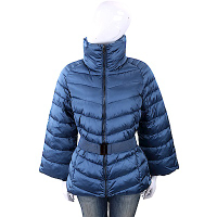 TRUSSARDI 絲光藍絎縫高領/連帽科技棉保暖外套(附腰帶/可拆式羊毛手套)