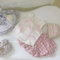 Girls' Set Children's Clothing 2025 Summer Korean version sweet bow vest Pink checkered flower bud p