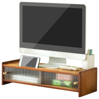 picknew 多功能滑門收納茶木色標準電腦螢幕增高架(螢幕增高櫃 電腦架 電視櫃 增高櫃 桌面收納櫃) 限