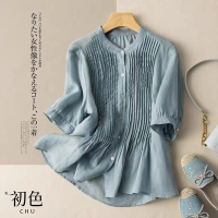 初色 棉麻風壓褶圓領襯衫-共5色-62100(M-2XL可選)