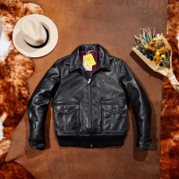 American Retro American Water-dyed Cowhide A2 Flight Jacket Men's Lapel Ribbed Bottom Hem Slim Short Motorcycle Leather Jacket
