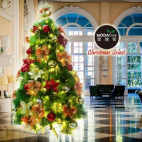 摩達客耶誕-台灣製15尺(450cm)特級綠松針葉聖誕樹+高級聖誕花蝴蝶結系配件+100燈LED燈暖白光8串(附控制器)