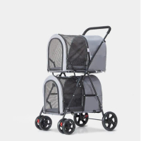 Lightweight folding dog stroller cage four-wheel outdoor travel supplies double-layer pet trolley