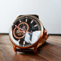 Reef Tiger/RT Mens Watch Top Brand Luxury Tourbillon Watches Genuine Leather Strap Rose Gold Watches Relogio Masculino RGA1639
