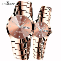 FNGEEN Fashion Couple Watches for Men Women Stainless Steel Quartz Watches Top Brand Luxury Date week Clock Lovers Wrist watch