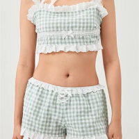 CHRONSTYLE Women Plaid Print 2 Pieces Summer Sets Square Neck Lace Trim Adjustable Strap Camis Tops Elastic Waist Shorts Outfits