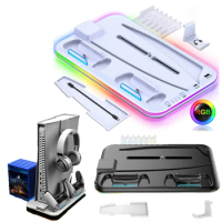 RGB Cooling Station for Sony PlayStation 5 Dual Controllers Charging Dock with RGB Light Cooling Fan for PS VR2 Gaming Accessory