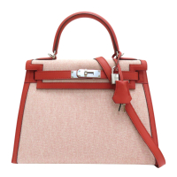 【二手名牌BRAND OFF】HERMES 愛馬仕 紅色 swift 牛皮 米色 Toile 帆布 KELLY 28 兩用包 Z刻