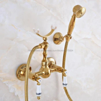 Gold Color Brass Bathroom Shower Faucet Mixer Tap With Hand Shower Head Shower Faucet Set Wall Mounted Nna931