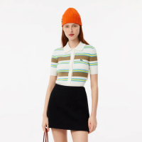 【LACOSTE】女裝-棉混紡羅紋條紋短袖Polo針織衫(白色/棕色)