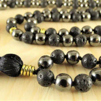Natural Lava Stone &amp; Hematite Mala Necklace 108 Mala Beads Knotted Necklace Meditation Necklaces Long Men's Jewelry Gift For Men